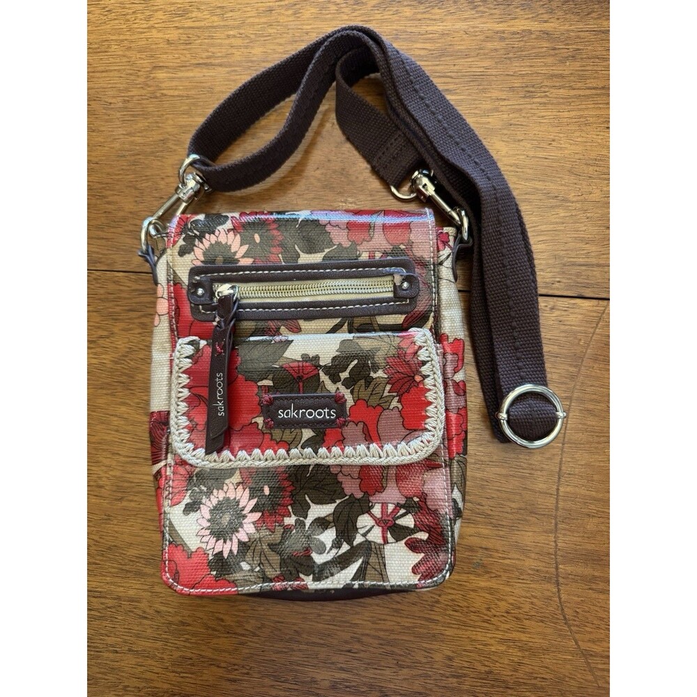 Sakroots Floral Crossbody Bag with Brown Strap in Red, Beige, Pink - Picture 2 of 9